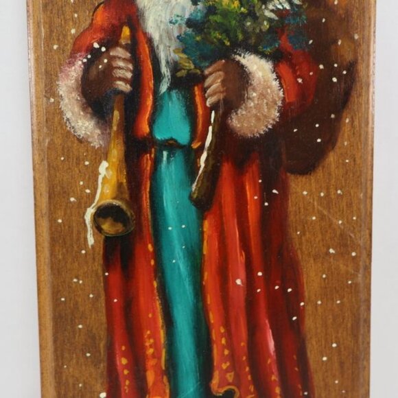 Vintage Old World Father Christmas Hand Painted Wood Plaque Santa Claus Dekan - Picture 3 of 8